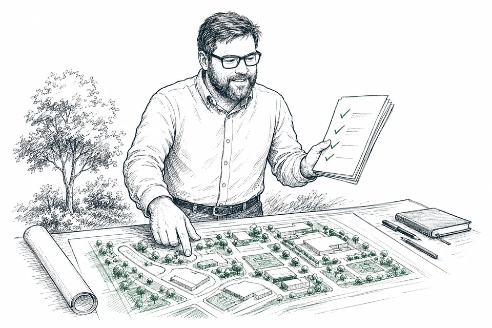 Daniel Schlatter vergleicht einen Geländeplan mit einer Checkliste.