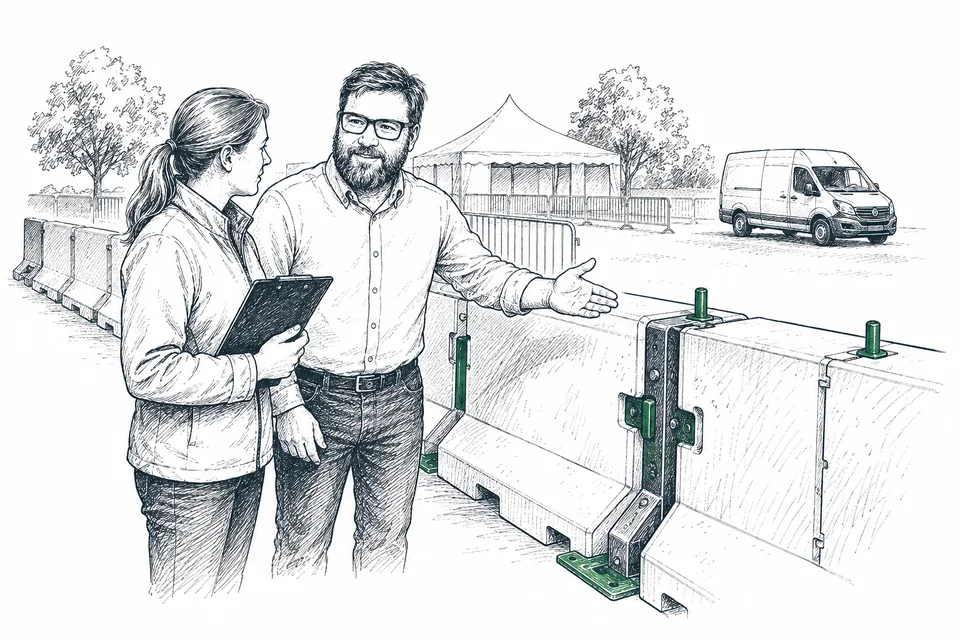 Daniel Schlatter und eine Kollegin besprechen den Betrieb einer modularen Fahrzeugsperre.