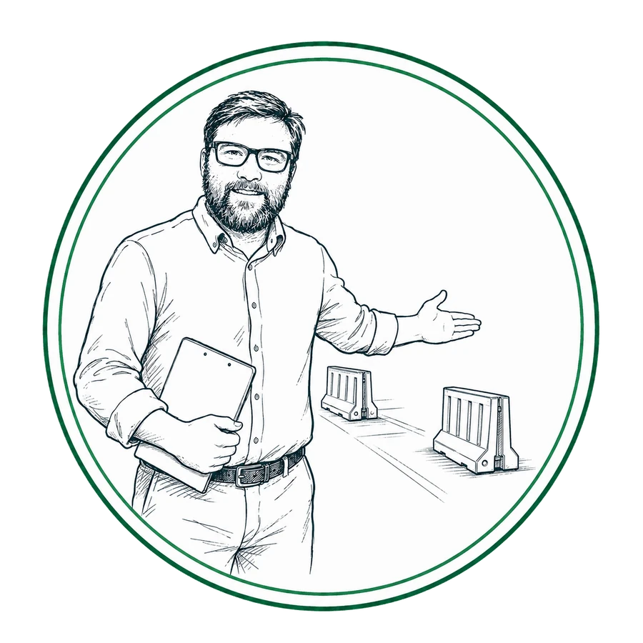 Daniel Schlatter erläutert eine Durchfahrt zwischen zwei schematischen Fahrzeugsperren.